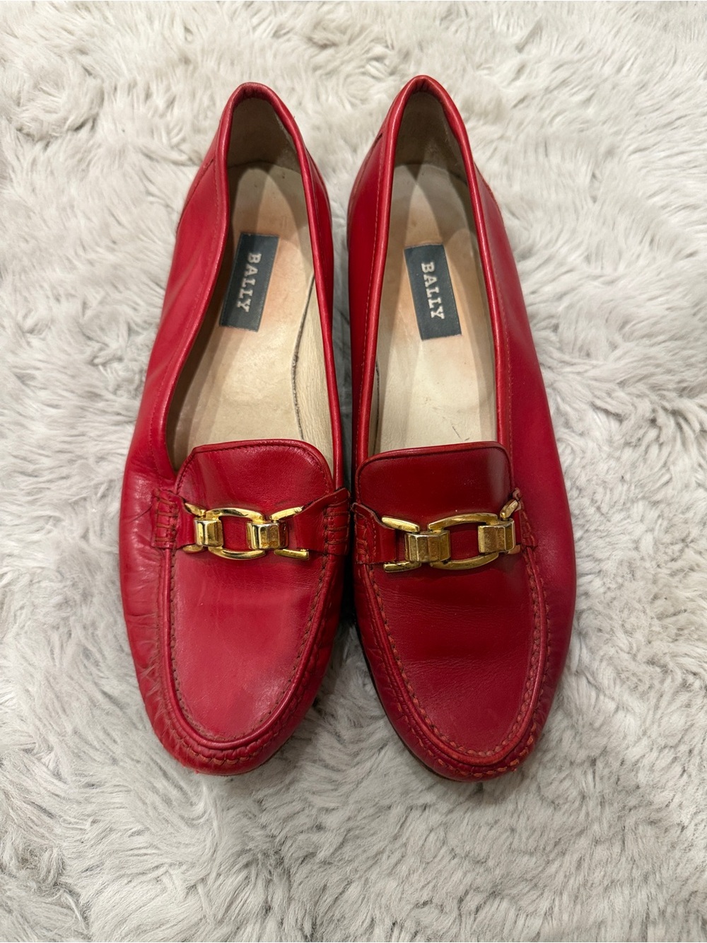 Bally Red Leather Loafers with Gold Chain Trim